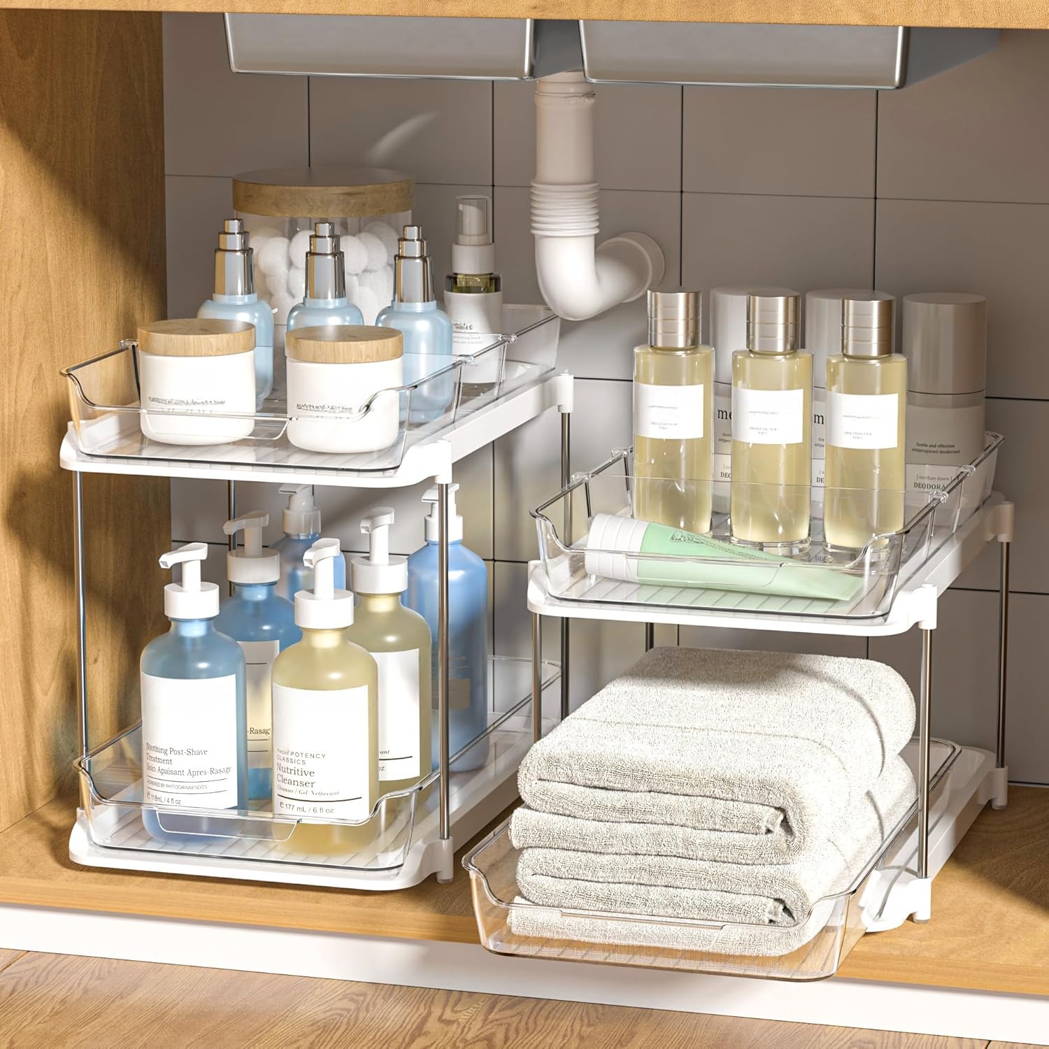 aesthetic bathroom organization Delamu 2-tier under sink organizer movable dividers