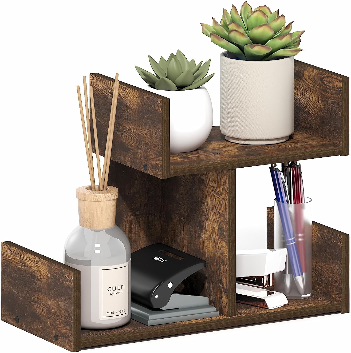 aesthetic desk organizer Furinno HERMITE 2-tier U-shape shelf amber pine