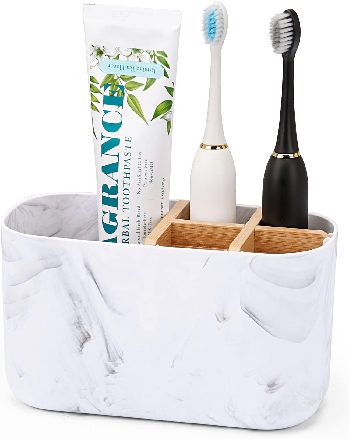aesthetic bathroom organization GFWARE bamboo marble toothbrush holder