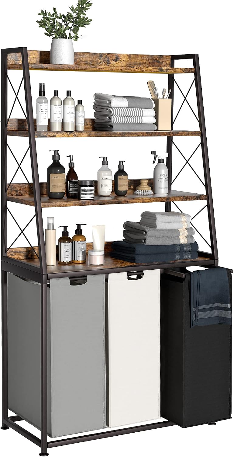 laundry room organization aesthetic Herture hamper with shelf rustic brown