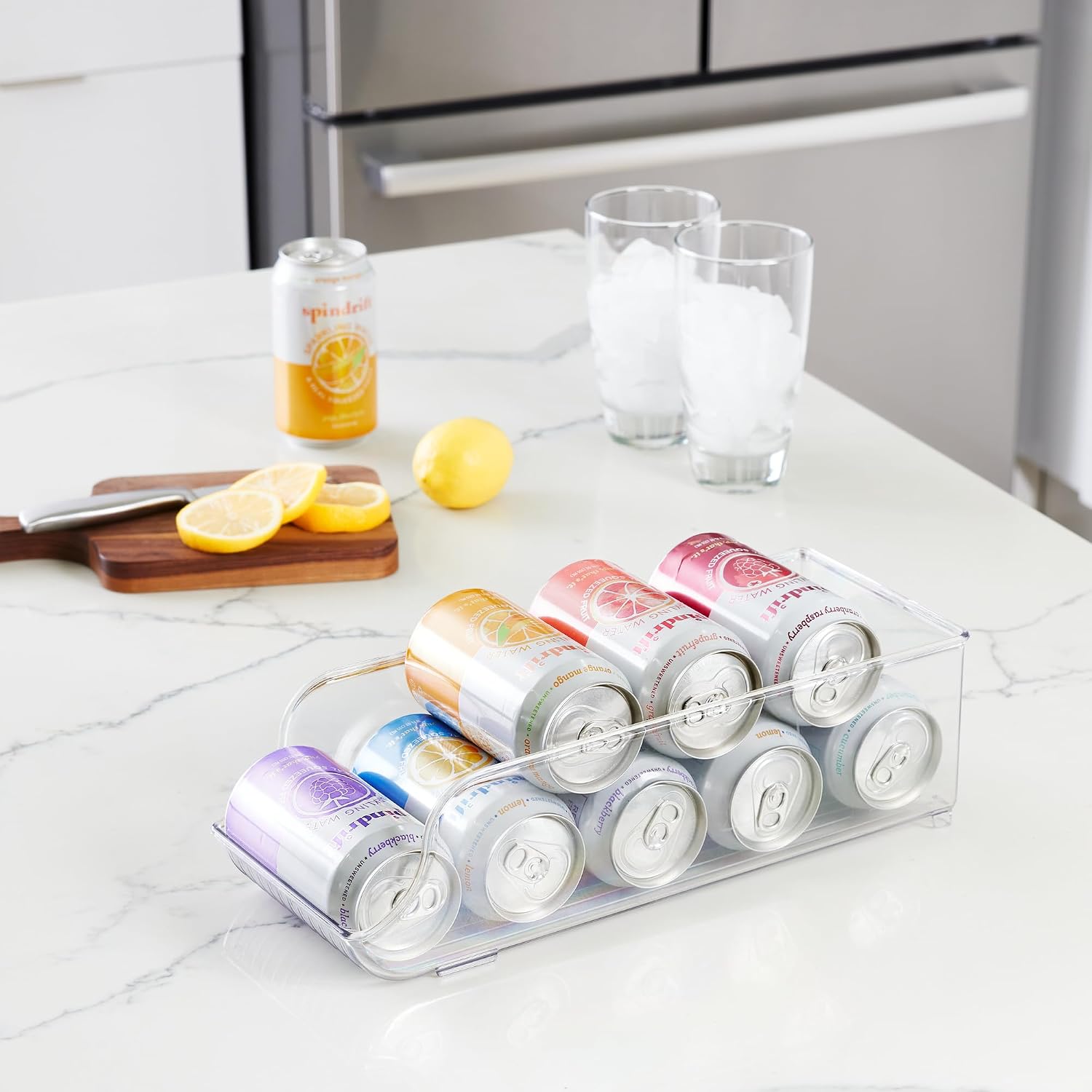 fridge organization aesthetic iDesign soda can dispenser
