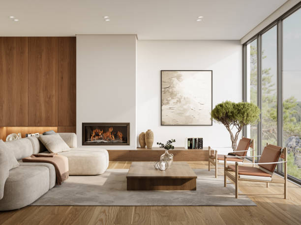 Salon minimaliste moderne avec cheminee