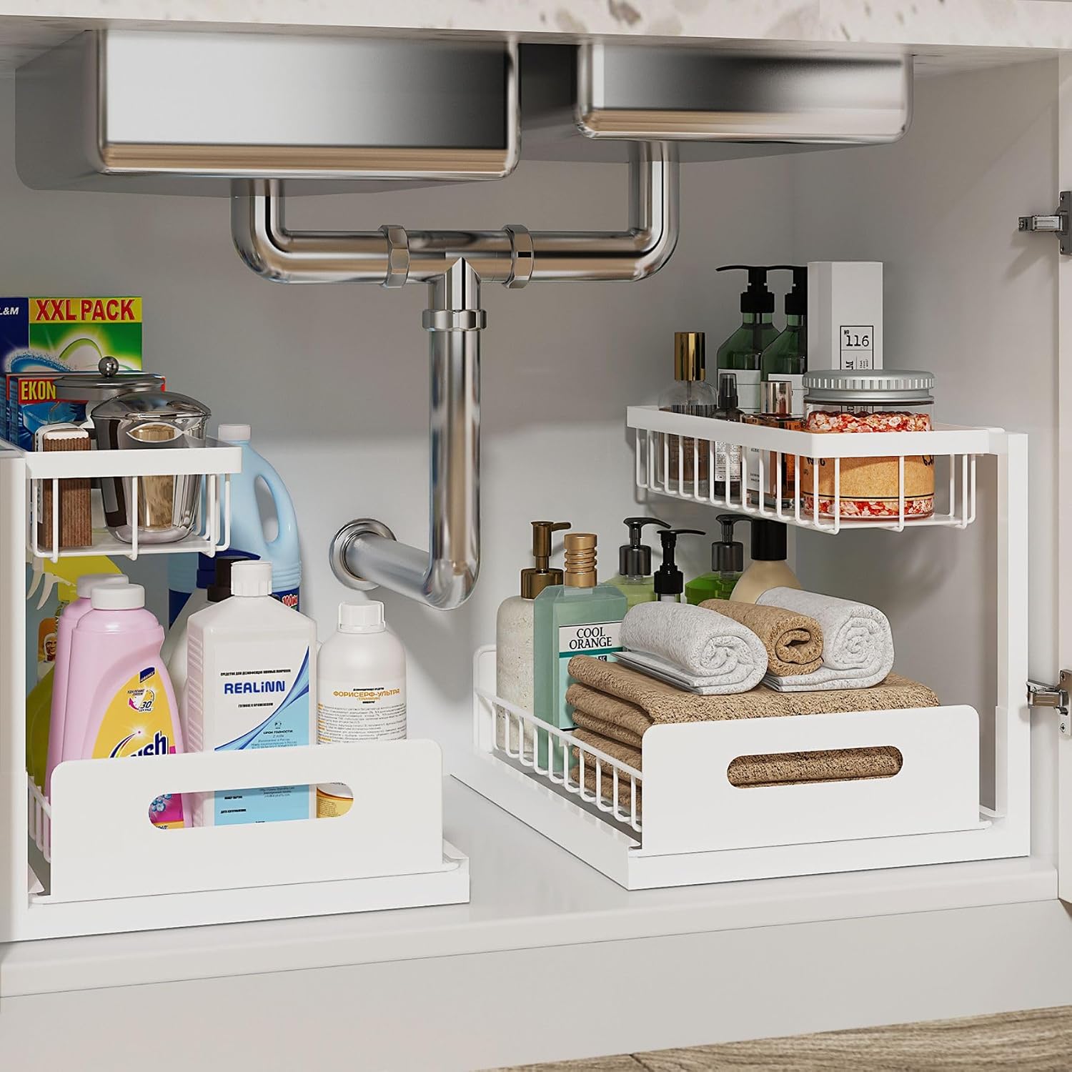 laundry room organization aesthetic REALINN under sink pull out organizer