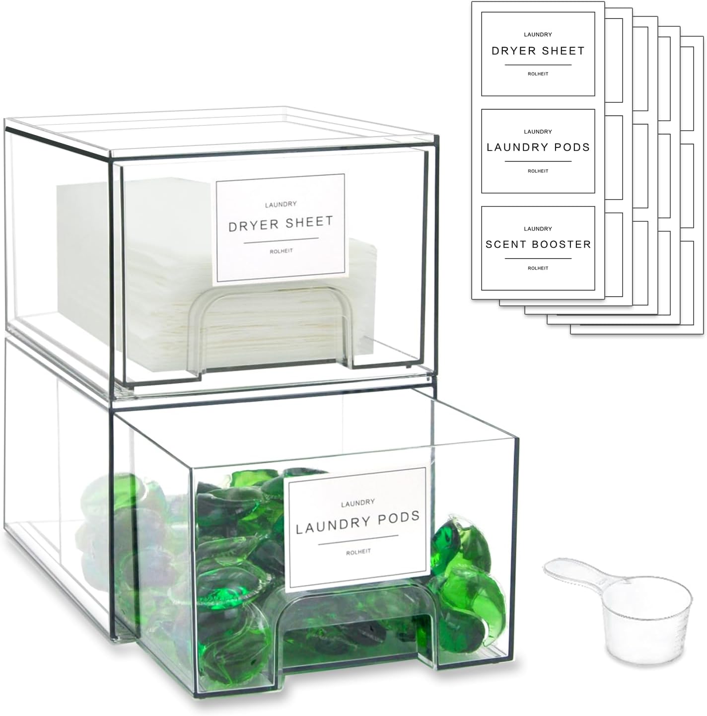 laundry room organization aesthetic Rolheit clear stackable drawers