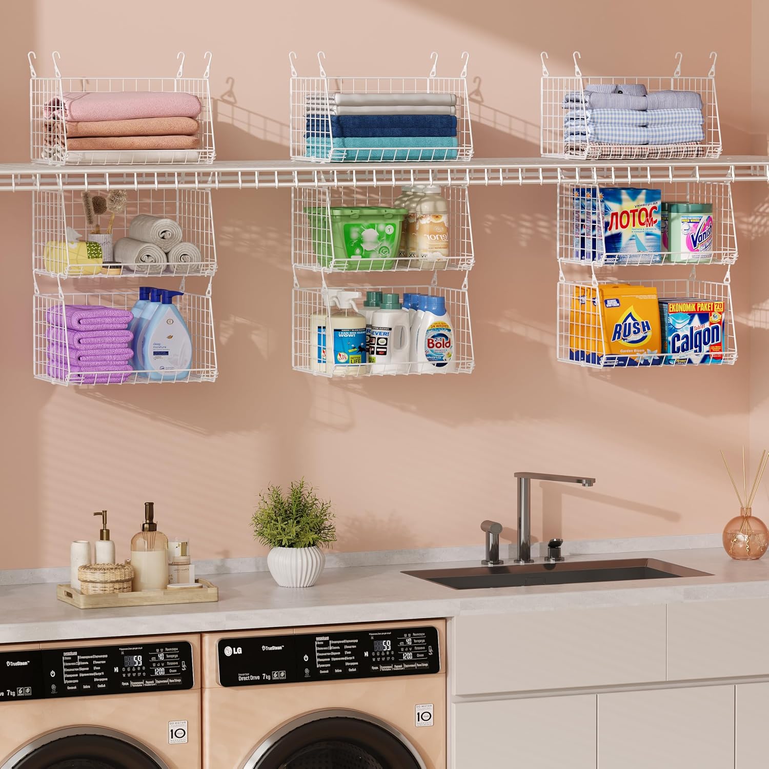 laundry room organization aesthetic Sonyabecca hanging laundry basket organizer