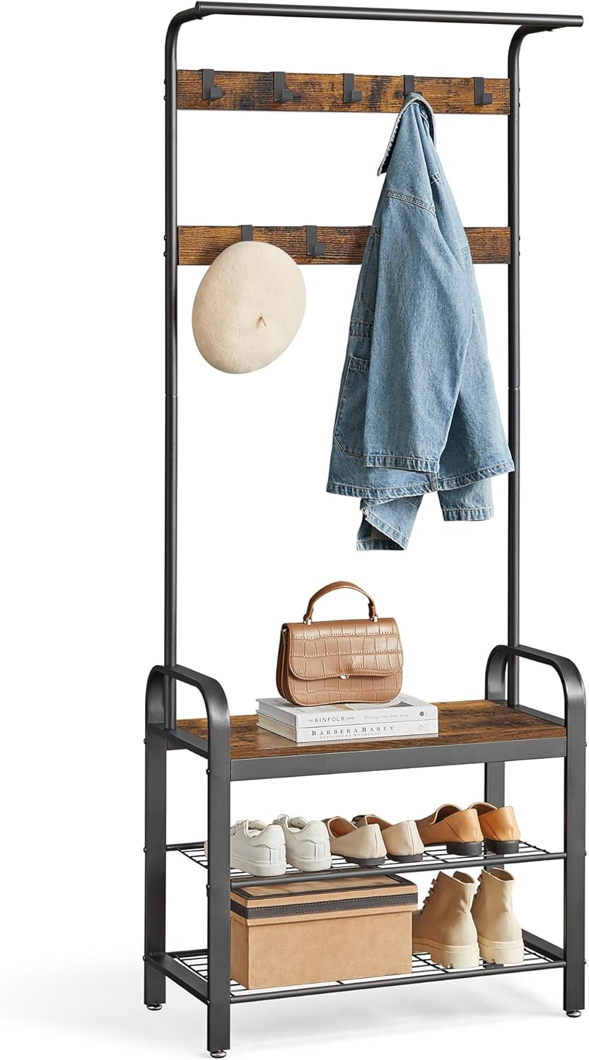 entryway organization aesthetic VASAGLE hall tree coat rack shoe bench rustic brown